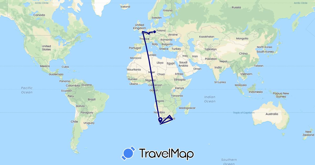 TravelMap itinerary: driving in Belgium, Germany, United Kingdom, South Africa (Africa, Europe)